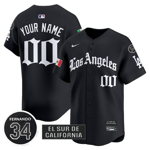 Men's Los Angeles Dodgers ACTIVE PLAYER Custom Black Mexico 2025 LA Gothic Style With Fernando Patch Vapor Premier Limited Stitched Baseball Jersey Men's Los Angeles Dodgers ACTIVE PLAYER Custom Black Mexico 2025 LA Gothic Style With Fernando Patch Vapor Premier Limited Stitched Baseball Jersey